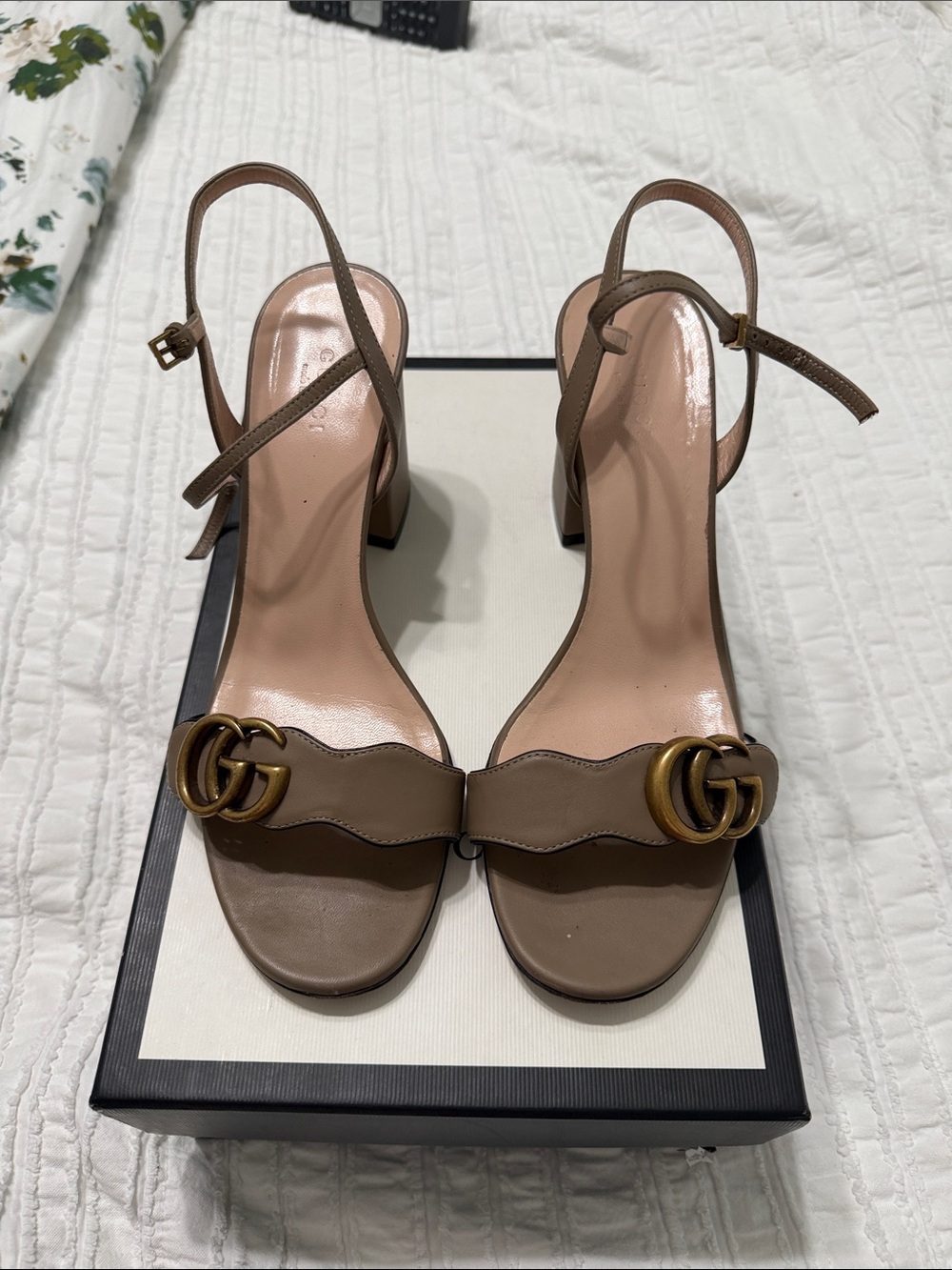 Gucci Marmon Beige/Taupe Leather Block Heel Sandals with Gold GG Logo 38.5